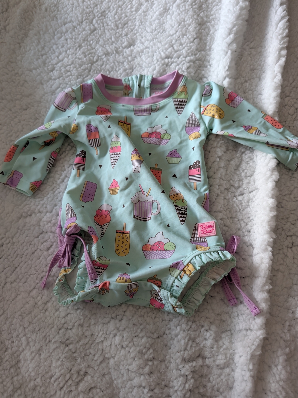 RuffleButts Mint Ice Cream Print One-Piece Swimsuit with Pink Trim